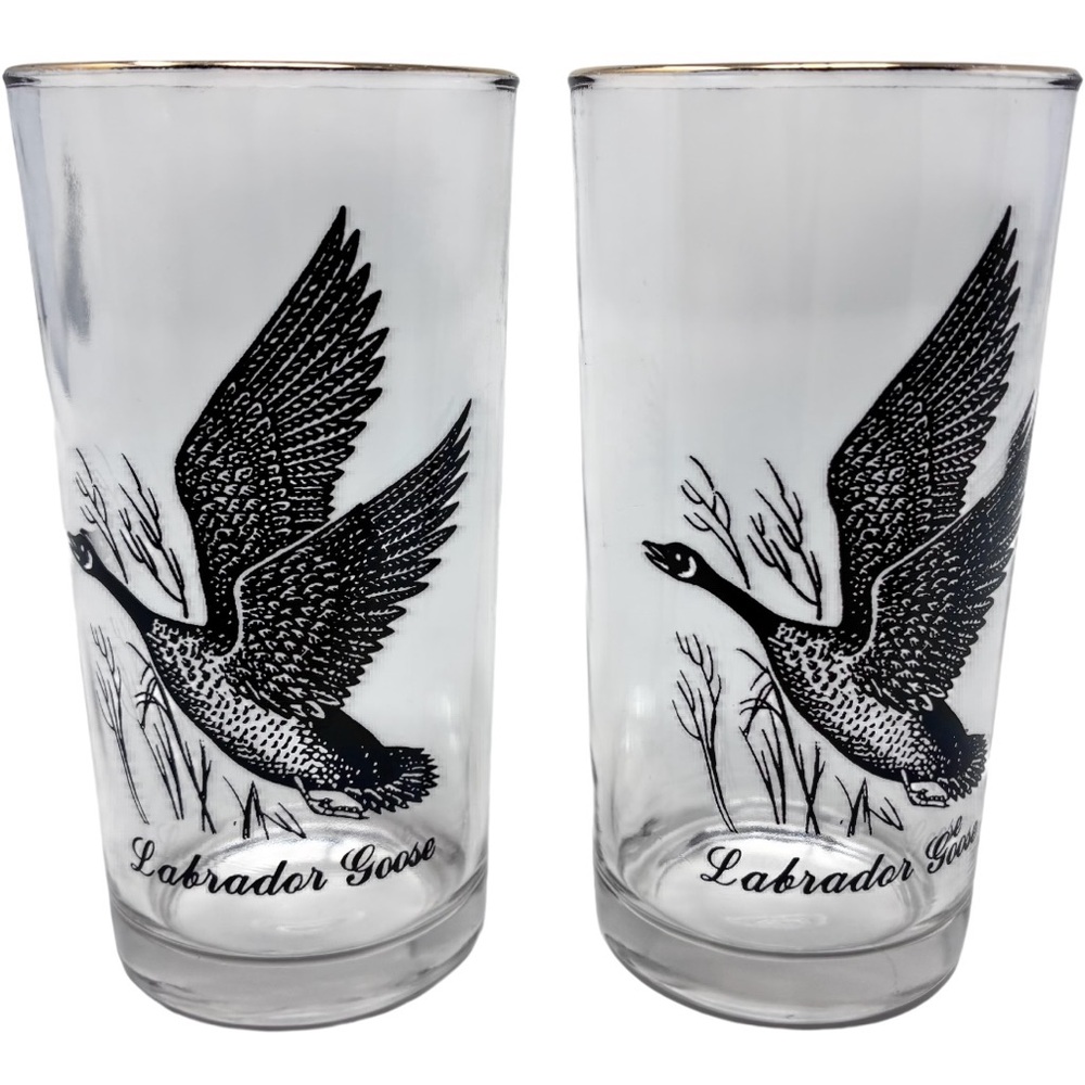 Vintage Labrador Goose Highball Glass Set Of 2 Gold Trim Sportsman Bird Hunting